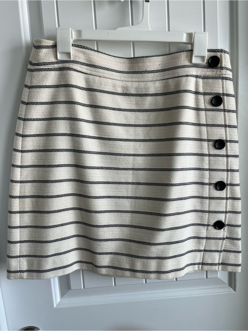 Ann Taylor Cream Mini Skirt with Black Stripes & Button Side